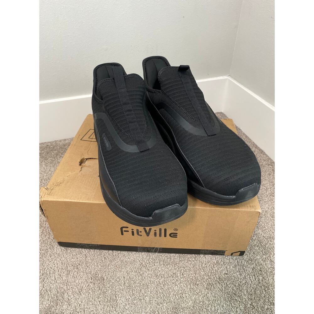 New FitVille Men's Knit Slip On Walking Shoes Black, Size 15